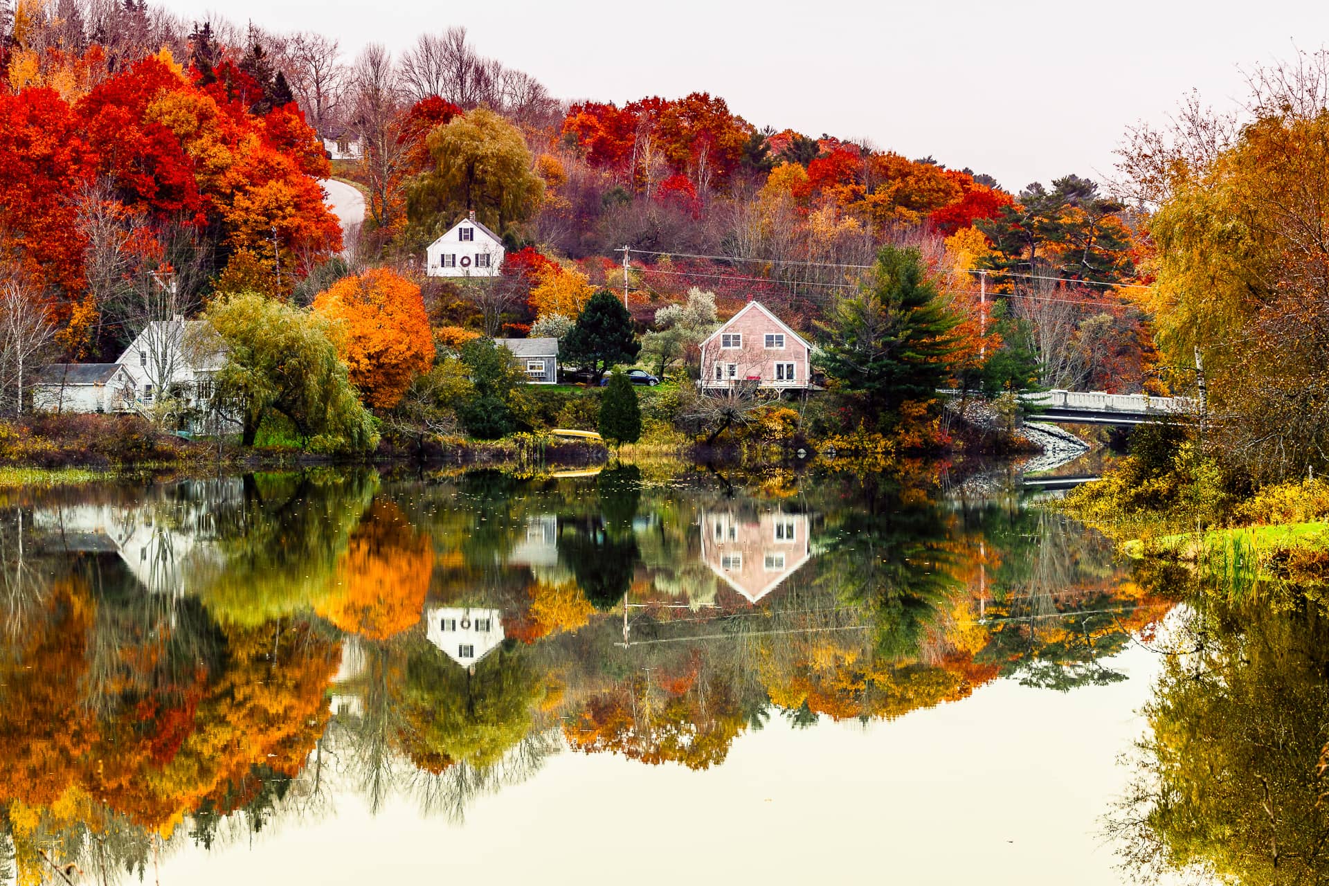 A pink-tinged sky sits over a trees wearing many different fall colors sat amongst many houses, and all reflected in the water of a river